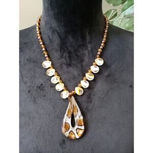 Vintage Amber Glass Bead Necklace with Teardrop Pendant and Gold Accents